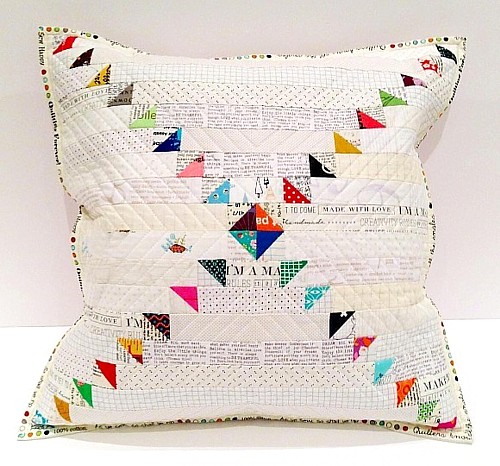 Cushion pillow low volume fabric, colourful hst, half sqaure triangles, flying to the pole, patchwork quilt PDF print-at-home pattern, home tutorial, digital pattern, modern quilted design, creator Tikki London
