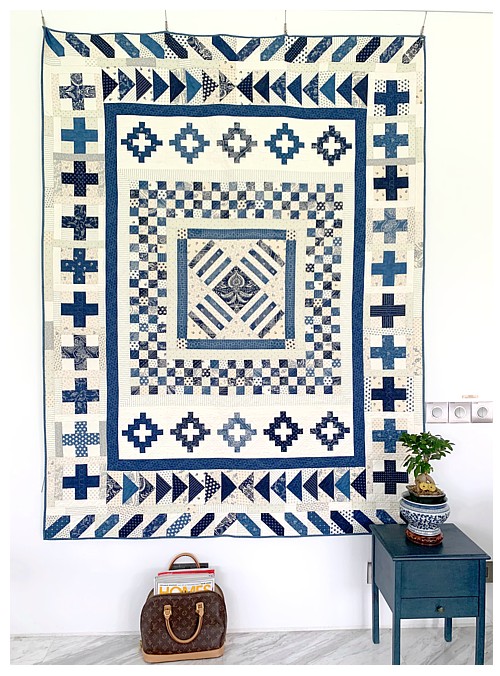 Indigo Crossing Patchwork Quilt PDF Sewing Pattern by Tikki London blue and white quilt, medallion patchwork quilt.